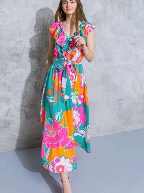 Flying Tomato Teal, Pink & Orange Floral Maxi Dress
